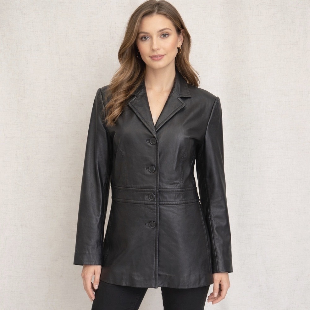 Merona Womens Y2K Black Genuine‎ Leather Blazer Jacket Size Large Button Front